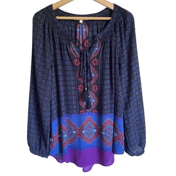 Daniel Rainn Black Blue Purple Mixed Print Popover Boho Top Colorful Size Large - Picture 1 of 9